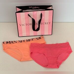 NWT VICTORIAS SECRET 2 BIKINI COTTON PANTIES Pink/Orange, Size S